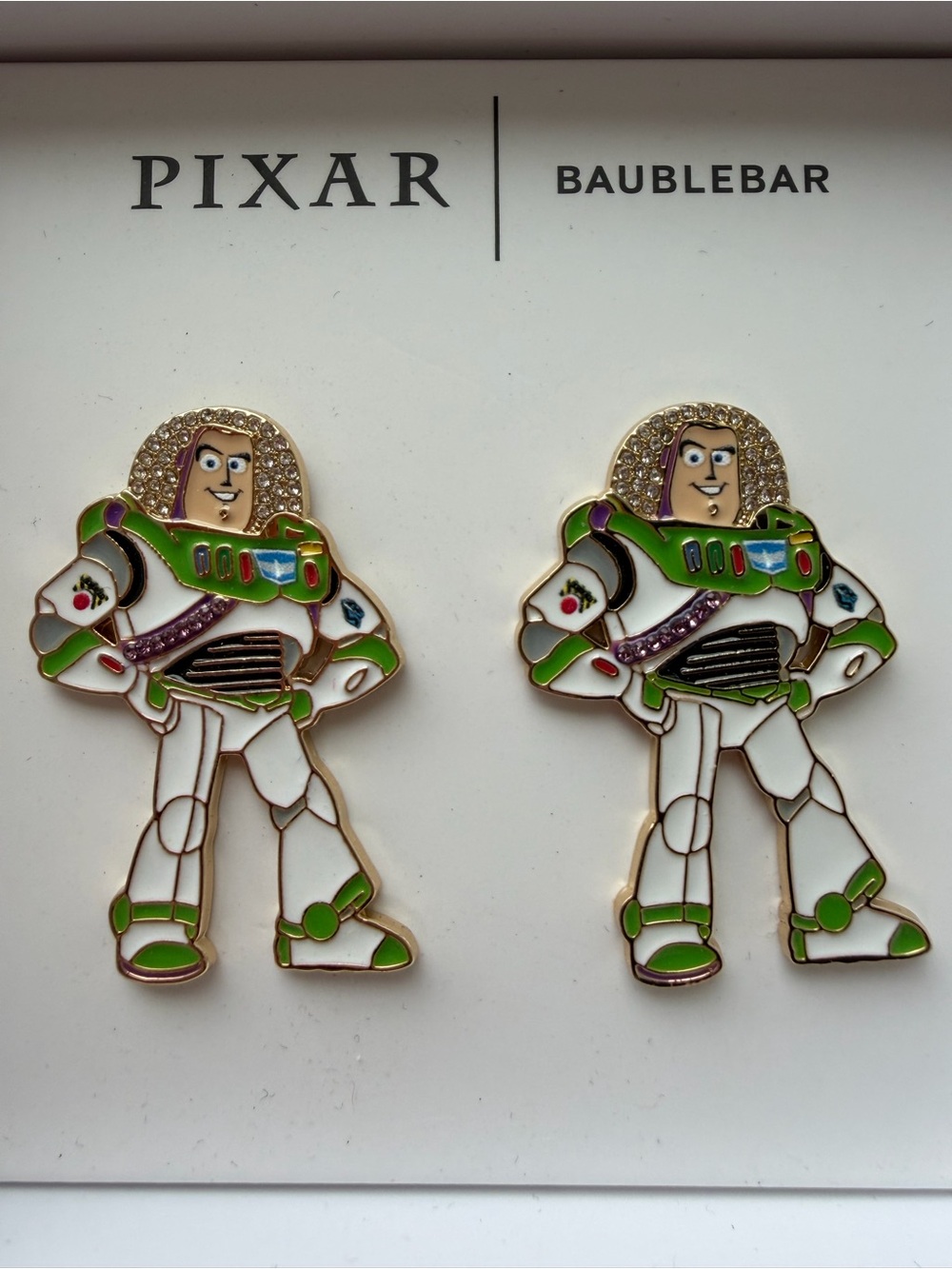 BaubleBar Pixar Buzz Lightyear Enamel Earrings - White, Green & Gold